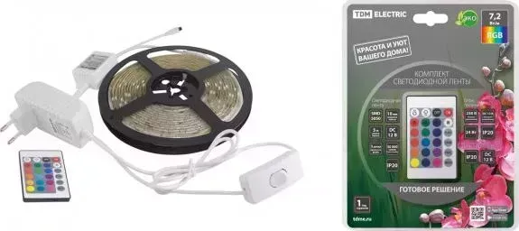 Комплект TDM ELECTRIC Светодиодная лента SMD5050 - 30 led/ м - 12 В - 7,2 Вт/м - IP20 - RGB (5 м), 24 Вт, IR - контроллер