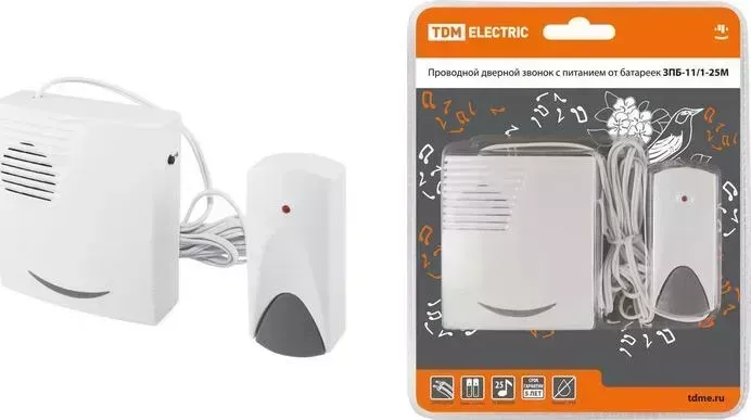 Звонок TDM ELECTRIC проводной на батарейках ЗПБ-11/1-25М (25 мелодий, кнопка IP30, 2х1,5В АА)