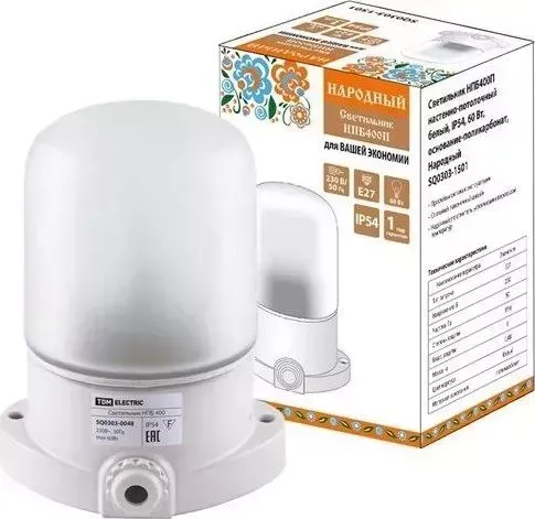 Светильник TDM ELECTRIC НПБ 400 П настенно-потолочный белый, IP54, 60 Вт, основание-поликарбонат, Народный