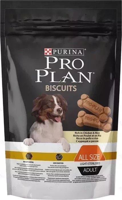 Лакомство PRO PLAN BISCUITS Adult Dog All Size Light / Sterilised Rich in Chicken and Rice с курицей и рисом для собак всех пород 400г (12333256)