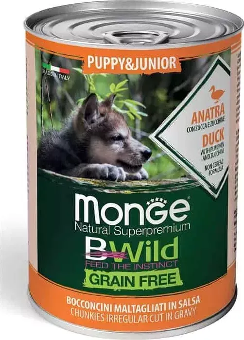 Консервы Monge Dog BWild GRAIN FREE Puppy&Junior беззерновые из утки с тыквой и кабачками для щенков всех пород 400 г