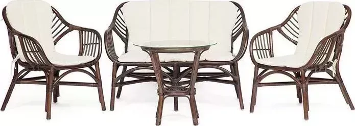Комплект TetChair Sonoma (стол круглый (со стеклом)+2 кресла+диван ) с подушками, ротанг walnut (грецкий орех)