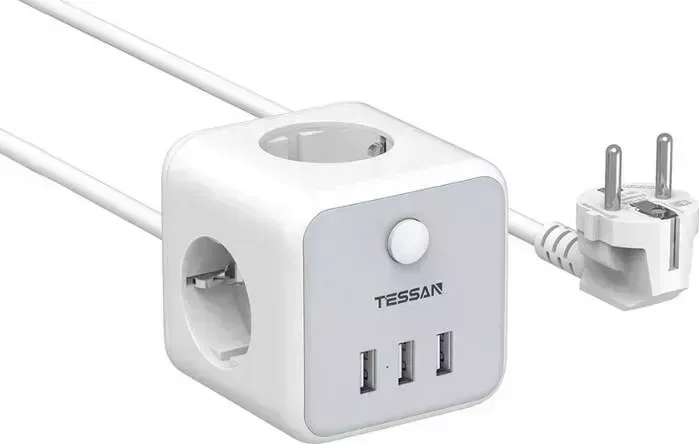 Сетевой фильтр TESSAN TS-301 с кнопкой питания на 3 розетки и 3 USB, Grey