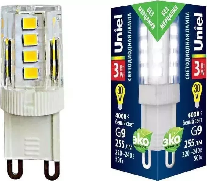 Лампа UNIEL светодиодная (UL-00006747) G9 3W 4000K прозрачная LED-JCD-3W/4000K/G9/CL GLZ09TR