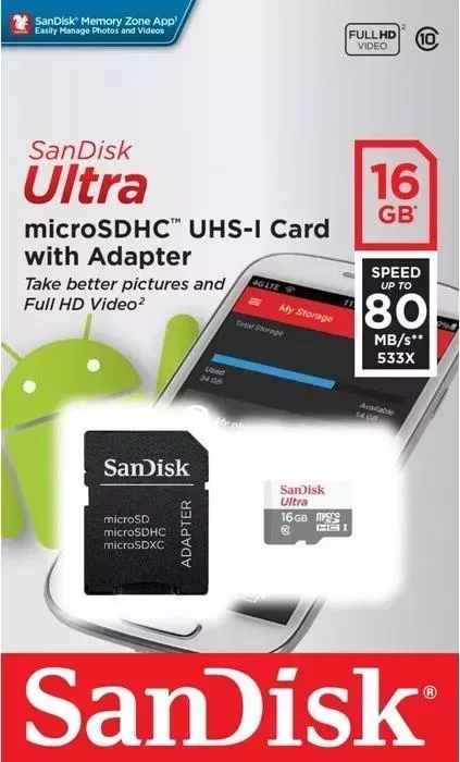 SD карта SANDISK microSDHC 16Gb Class10 SDSQUNS-016G-GN3MA Ultra 80 + adapter