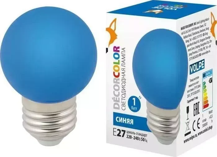 Лампа VOLPE декоративная светодиодная (UL-00005647) E27 1W синяя LED-G45-1W/BLUE/E27/FR/C
