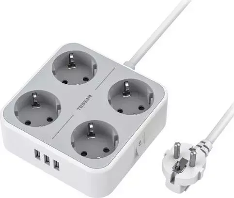 Сетевой фильтр TESSAN TS-302 с кнопкой питания на 4 розетки и 3 USB, Grey