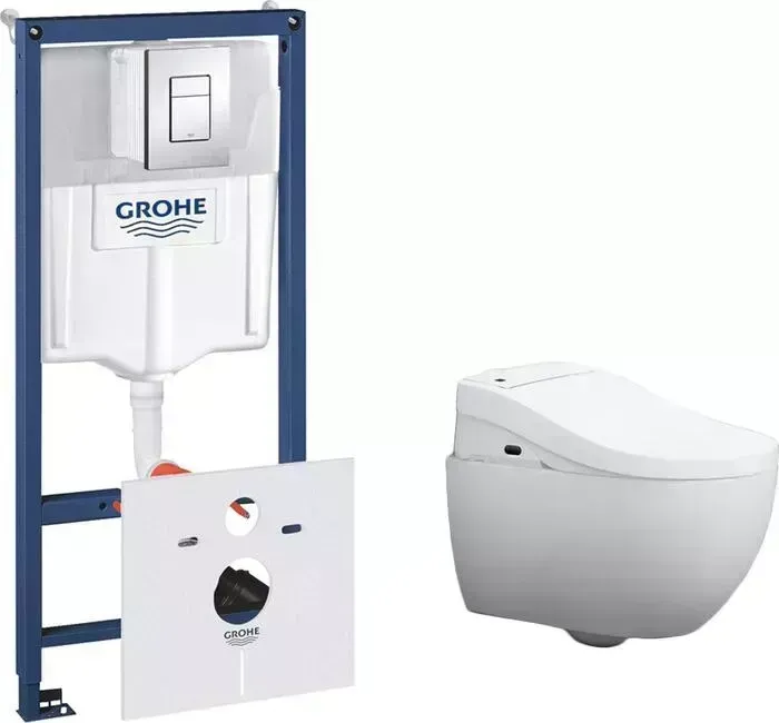 Комплект унитаза с инсталляцией Am.Pm Awe с Grohe, клавиша хром, крышка-биде микролифт (C111738WH, CCC7851WH, 38775001)