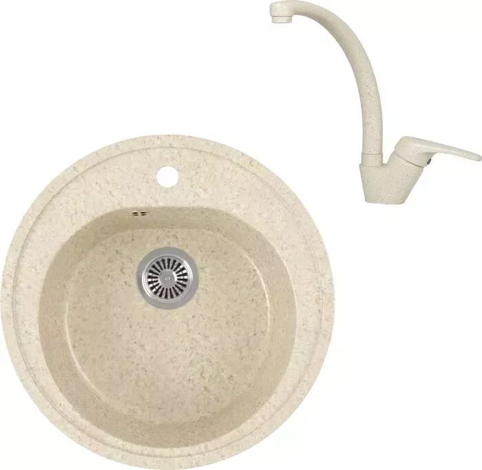 Мойка кухонная и смеситель GREENSTONE и смеситель GRS-08-328 Kaiser County 55244-11 с сифоном, бежевая