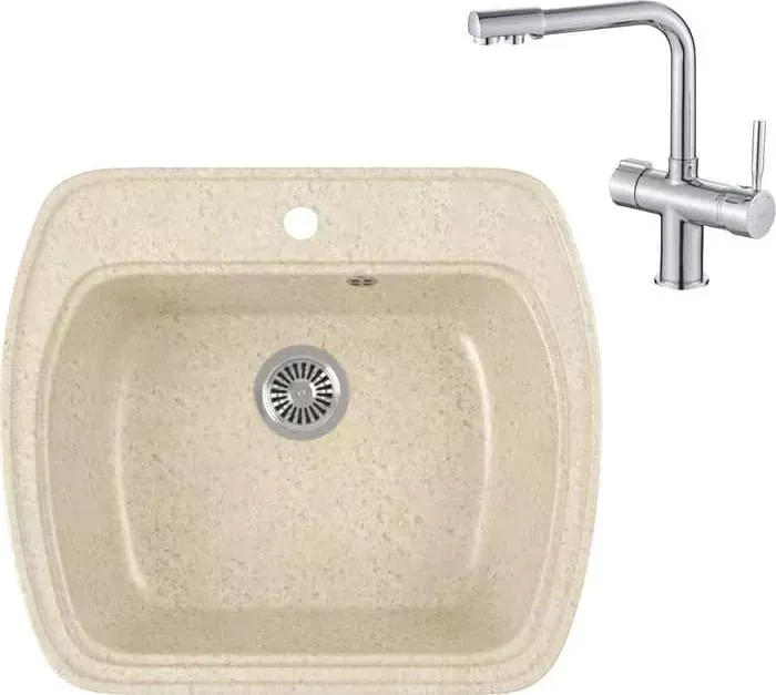 Мойка кухонная и смеситель GREENSTONE и смеситель GRS-11-328 Haiba HB70088 с сифоном, бежевая
