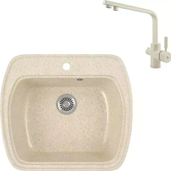 Мойка кухонная и смеситель GREENSTONE и смеситель GRS-11-328 Kaiser Decor 40144-11 с сифоном, бежевая