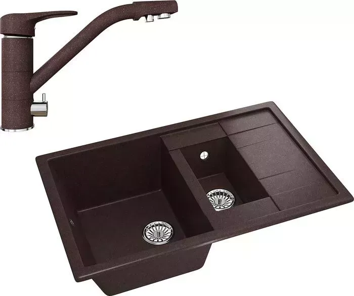 Мойка кухонная и смеситель Mixline и смеситель ML-GM22 80х50 с малой чашей и крылом, шоколад 345 (4660105233275, 4660105234128)