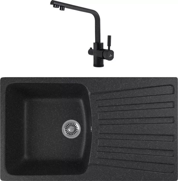 Мойка кухонная и смеситель GREENSTONE и смеситель GRS-12-308 Kaiser Deco 40144-2 с сифоном, черная