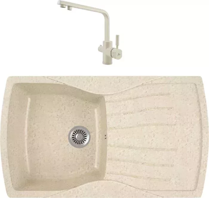 Мойка кухонная и смеситель GREENSTONE и смеситель GRS-22-328 Kaiser Decor 40144-11 с сифоном, бежевая