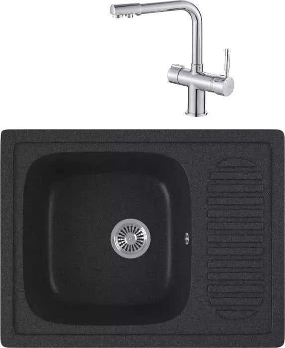 Мойка кухонная и смеситель GREENSTONE и смеситель GRS-13-343 Haiba HB70088 с сифоном, антрацит