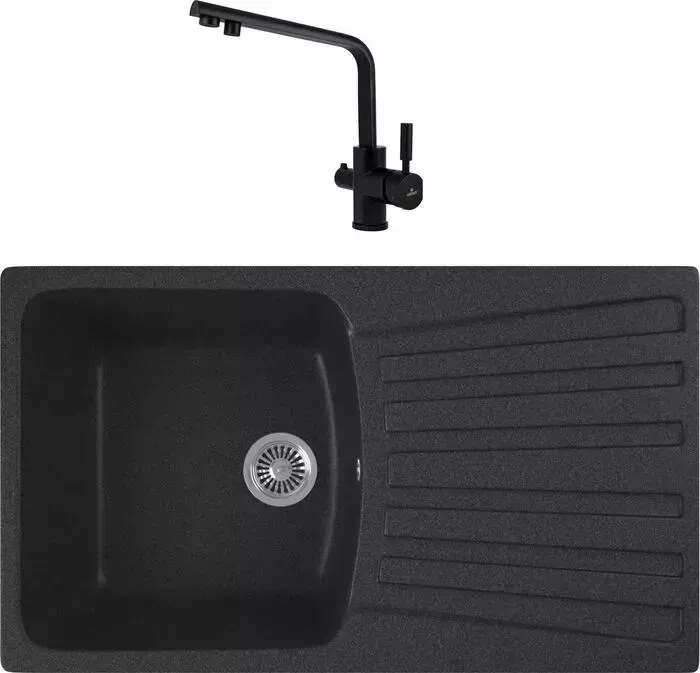 Мойка кухонная и смеситель GREENSTONE и смеситель GRS-12-343 Kaiser Decor 40144-9 с сифоном, антрацит