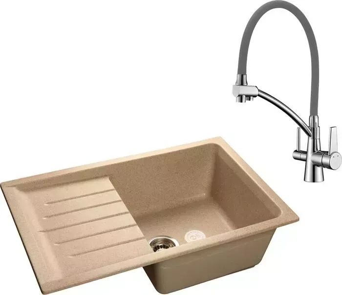 Мойка кухонная и смеситель GranFest и смеситель Practik GF-P760L, Lemark Comfort LM3071C-Gray с сифоном, песочная