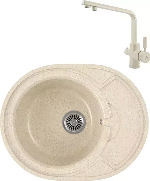 Мойка кухонная и смеситель GREENSTONE и смеситель GRS-18k-328 Kaiser Decor 40144-11 с сифоном, бежевая