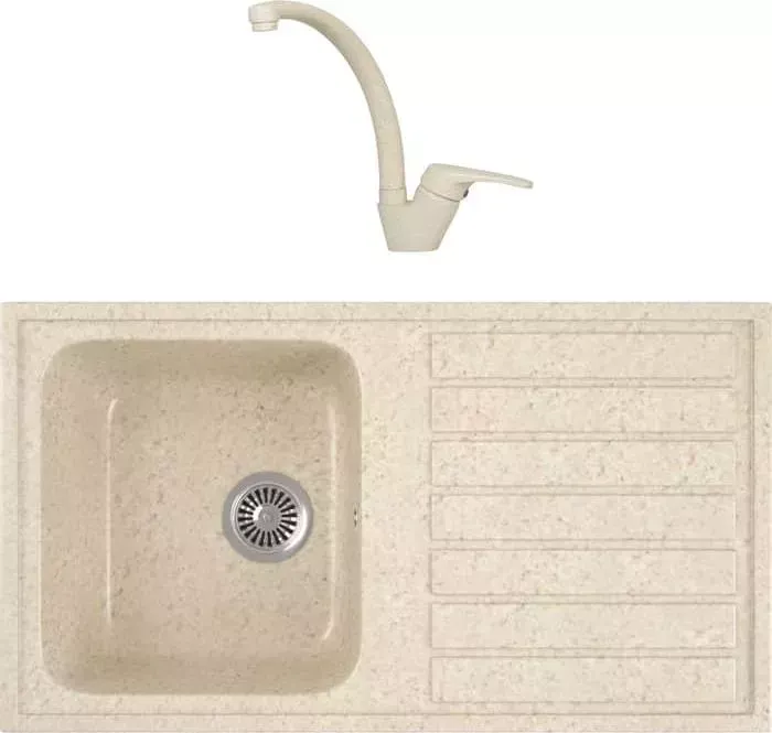 Мойка кухонная и смеситель GREENSTONE и смеситель GRS-20-328 Kaiser County 55244-11 с сифоном, бежевая