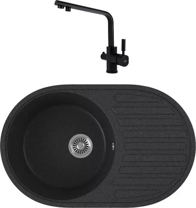 Мойка кухонная и смеситель GREENSTONE и смеситель GRS-18-343 Kaiser Decor 40144-9 с сифоном, антрацит