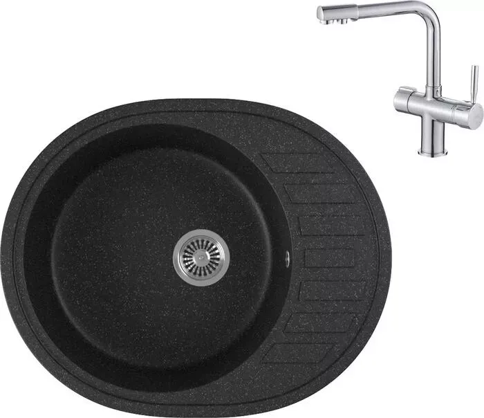Мойка кухонная и смеситель GREENSTONE и смеситель GRS-62-308 Haiba HB70088 с сифоном, черная