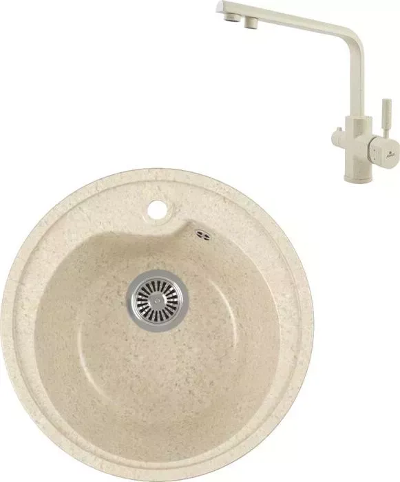 Мойка кухонная и смеситель GREENSTONE и смеситель GRS-45-328 Kaiser Decor 40144-11 с сифоном, бежевая