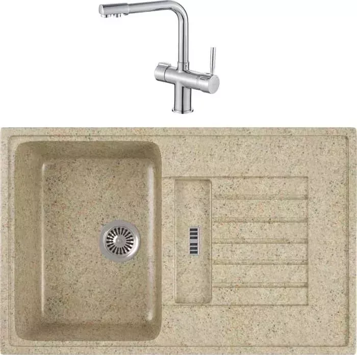 Мойка кухонная и смеситель GREENSTONE и смеситель GRS-24-302 Haiba HB70088 с сифоном, песочный