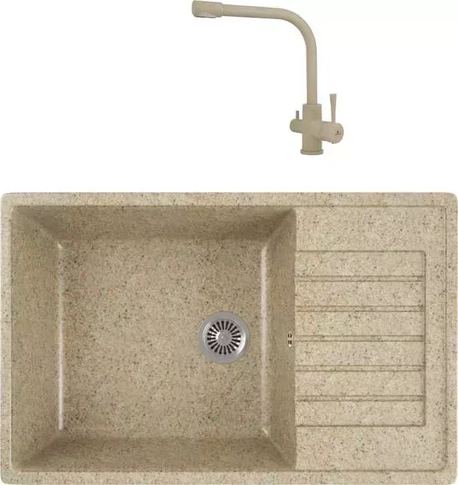 Мойка кухонная и смеситель GREENSTONE и смеситель GRS-78L-302 Kaiser Merkur 26044-16 с сифоном, песочный