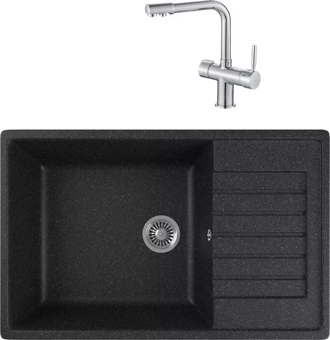 Мойка кухонная и смеситель GREENSTONE и смеситель GRS-78L-308 Haiba HB70088 с сифоном, черная