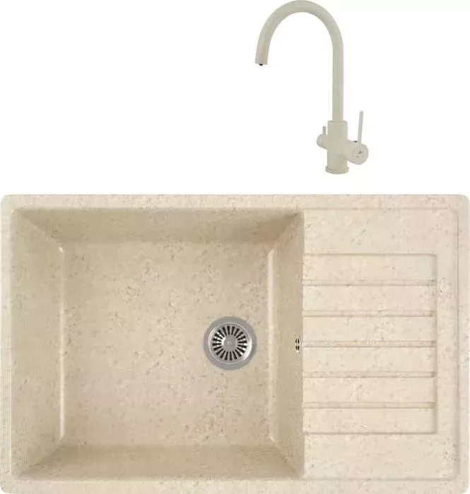 Мойка кухонная и смеситель GREENSTONE и смеситель GRS-78L-328 Kaiser Merkur R 26744-11 с сифоном, бежевая