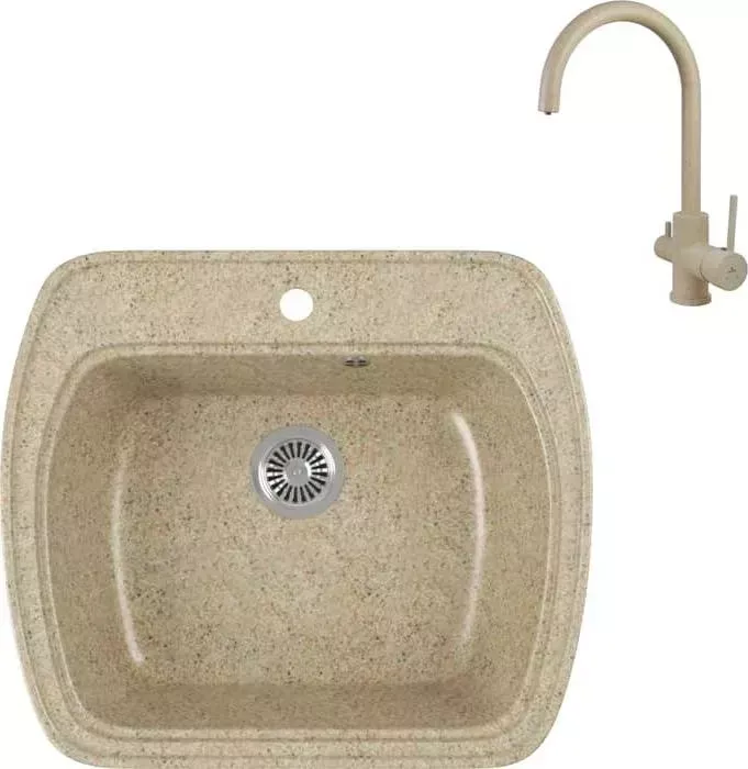 Мойка кухонная и смеситель GREENSTONE и смеситель GRS-11-302 Kaiser Merkur R 26744-16 с сифоном, песочный