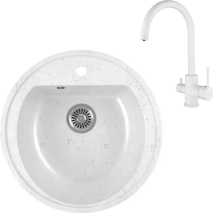 Мойка кухонная и смеситель GREENSTONE и смеситель GRS-07-331 Kaiser Merkur 26744-4 с сифоном, белая
