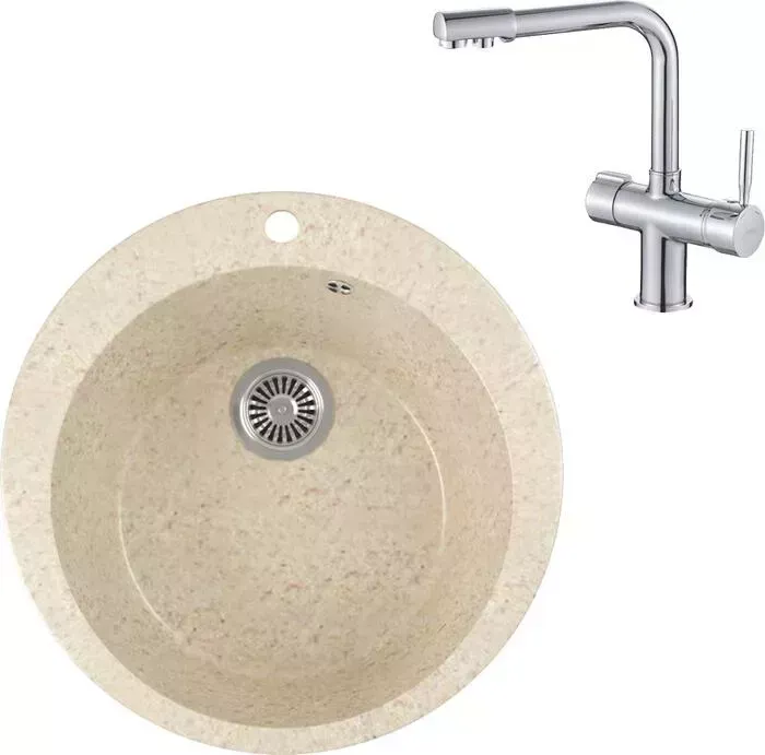 Мойка кухонная и смеситель GREENSTONE и смеситель GRS-05-328 Haiba HB70088 с сифоном, бежевая