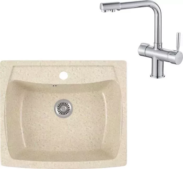 Мойка кухонная и смеситель GREENSTONE и смеситель GRS-03-328 Haiba HB70088 с сифоном, бежевая
