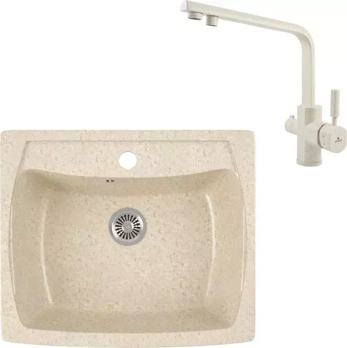 Мойка кухонная и смеситель GREENSTONE и смеситель GRS-03-328 Kaiser Decor 40144-11 с сифоном, бежевая