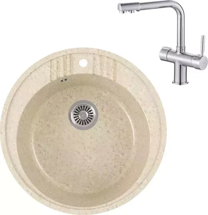 Мойка кухонная и смеситель GREENSTONE и смеситель GRS-05s-328 Haiba HB70088 с сифоном, бежевая