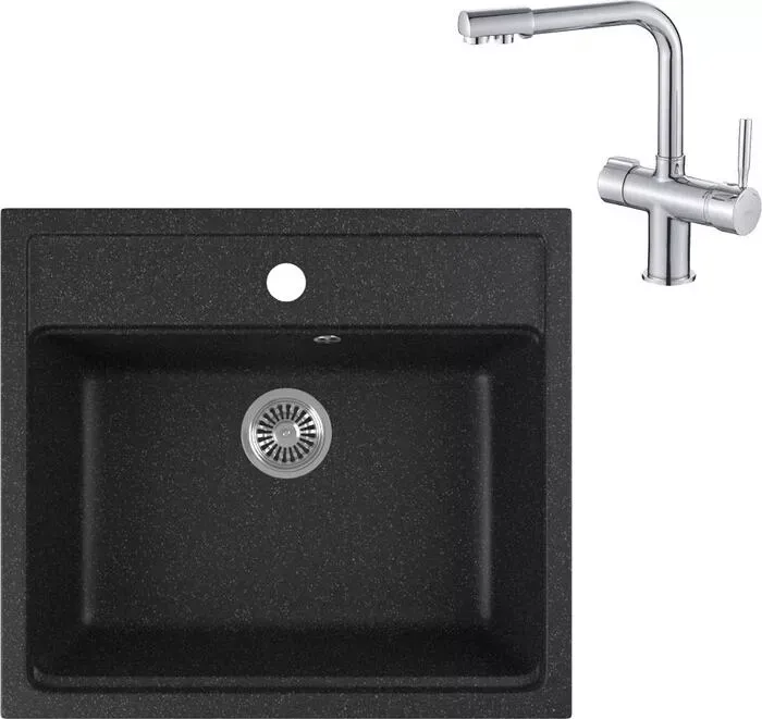 Мойка кухонная и смеситель GREENSTONE и смеситель GRS-06-308 Haiba HB70088 с сифоном, черная