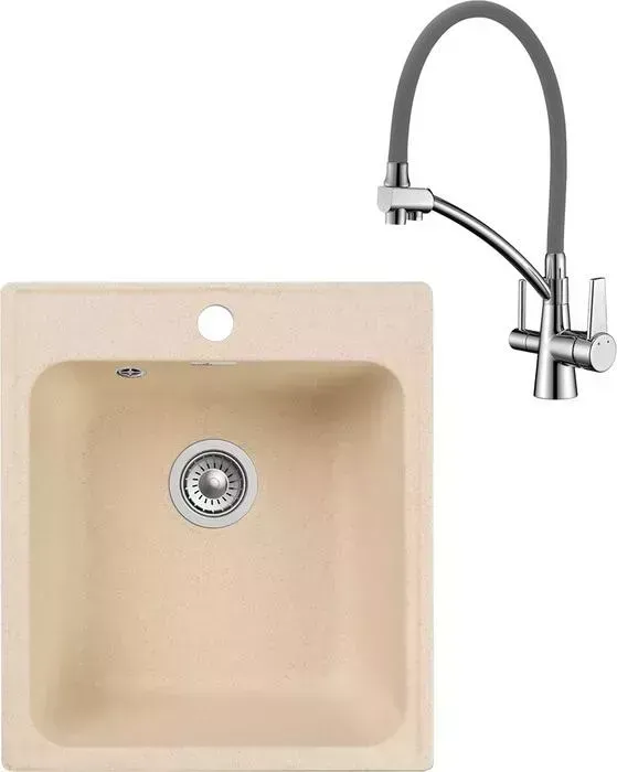 Мойка кухонная и смеситель GranFest и смеситель Quarz GF-Z17, Lemark Comfort LM3071C-Gray с сифоном, бежевая