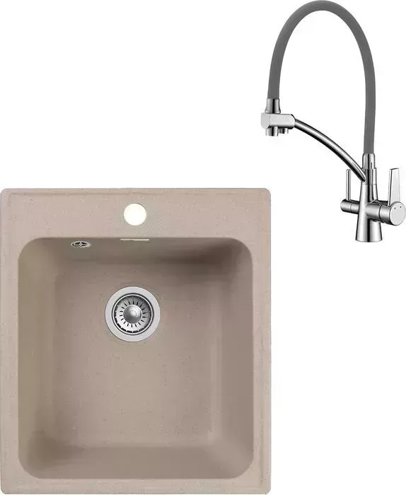 Мойка кухонная и смеситель GranFest и смеситель Quarz GF-Z17, Lemark Comfort LM3071C-Gray с сифоном, песочная