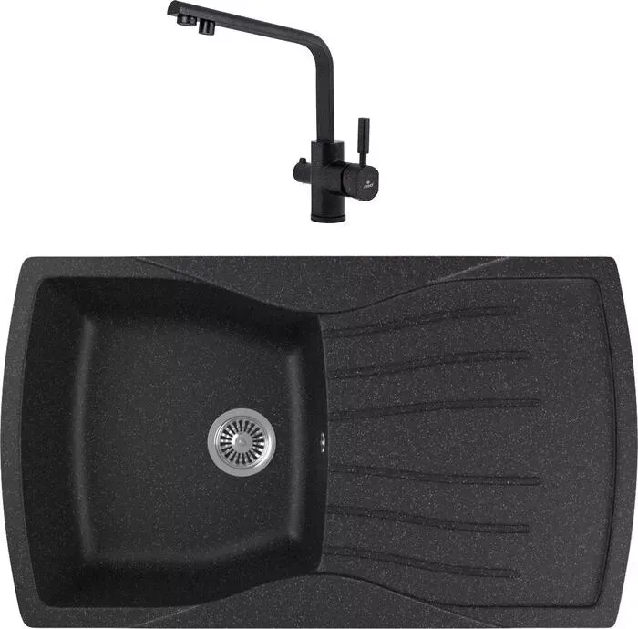 Мойка кухонная и смеситель GREENSTONE и смеситель GRS-22-308 Kaiser Deco 40144-2 с сифоном, черная