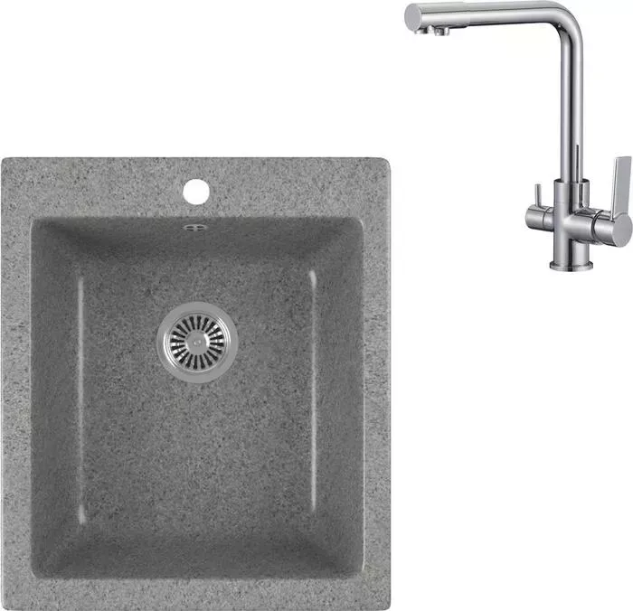 Мойка кухонная и смеситель GREENSTONE и смеситель GRS-17-309 РМС SL130-015F с сифоном, темно-серая