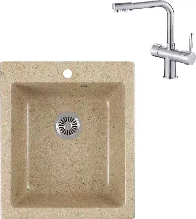 Мойка кухонная и смеситель GREENSTONE и смеситель GRS-17-302 Haiba HB70088 с сифоном, песочная
