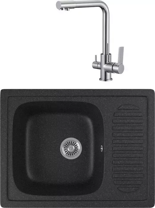 Мойка кухонная и смеситель GREENSTONE и смеситель GRS-13-308 РМС SL130-015F с сифоном, черная