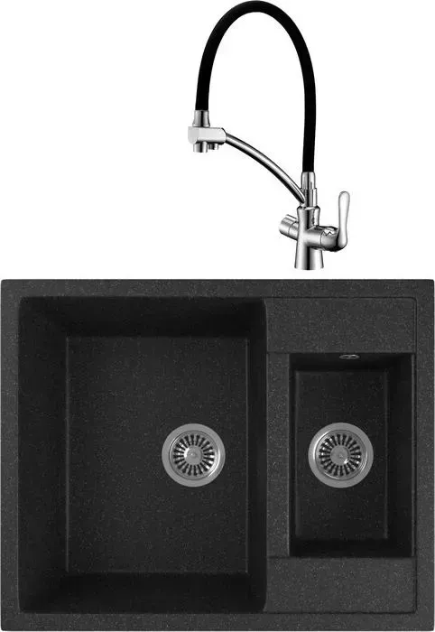 Мойка кухонная и смеситель GREENSTONE и смеситель GRS-21-308 Lemark Comfort LM3070C с сифоном, черная