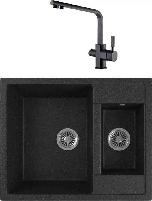 Мойка кухонная и смеситель GREENSTONE и смеситель GRS-21-308 Kaiser Decor 40144-2 с сифоном, черная