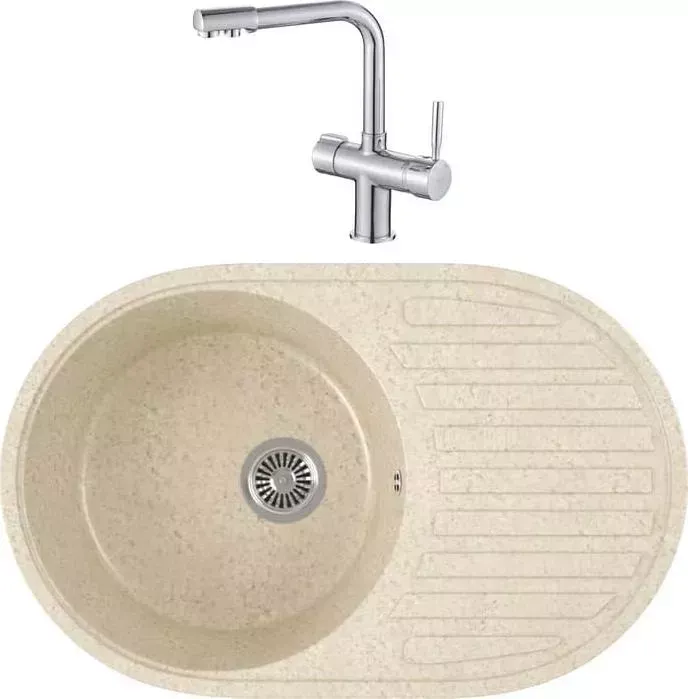 Мойка кухонная и смеситель GREENSTONE и смеситель GRS-18-328 Haiba HB70088 с сифоном, бежевая