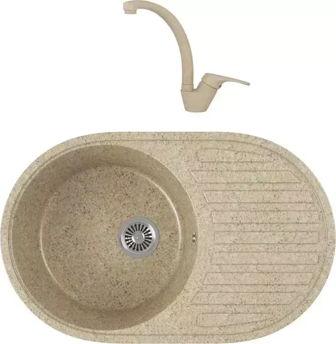 Мойка кухонная и смеситель GREENSTONE и смеситель GRS-18-302 Kaiser County 55244-16 с сифоном, песочная