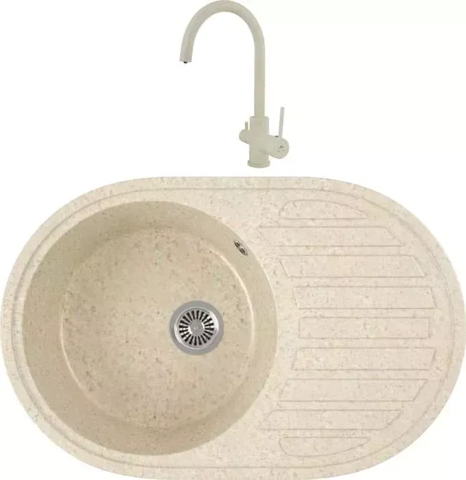 Мойка кухонная и смеситель GREENSTONE и смеситель GRS-18L-328 Kaiser Merkur R 26744-11 с сифоном, бежевая
