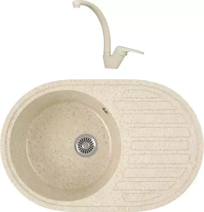 Мойка кухонная и смеситель GREENSTONE и смеситель GRS-18L-328 Kaiser County 55244-11 с сифоном, бежевая