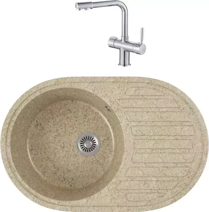 Мойка кухонная и смеситель GREENSTONE и смеситель GRS-18L-302 Haiba HB70088 с сифоном, песочный